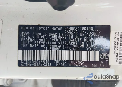 2015 Toyota Corolla Le Plus z USA, uszkodzony, nr VIN 2T1BURHE1FC357686